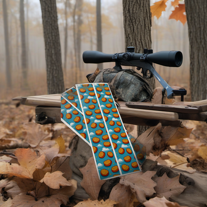 NUGS not DRUGS wraps on a wooden treestand overlooking a misty, dawn-lit hardwood forest. | titlex-scene-whitetail-treestand