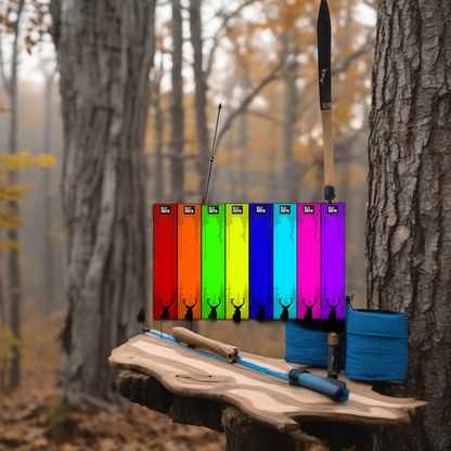 Arrow wraps on worn wood treestand overlooking misty hardwood timber at dawn. | titlex-scene-whitetail-treestand