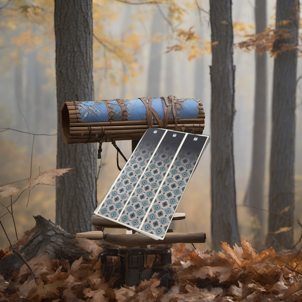 Wraps on a wooden treestand overlooking a misty hardwood forest at dawn. | titlex-scene-whitetail-treestand