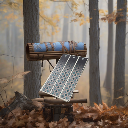 Wraps on a wooden treestand overlooking a misty hardwood forest at dawn. | titlex-scene-whitetail-treestand