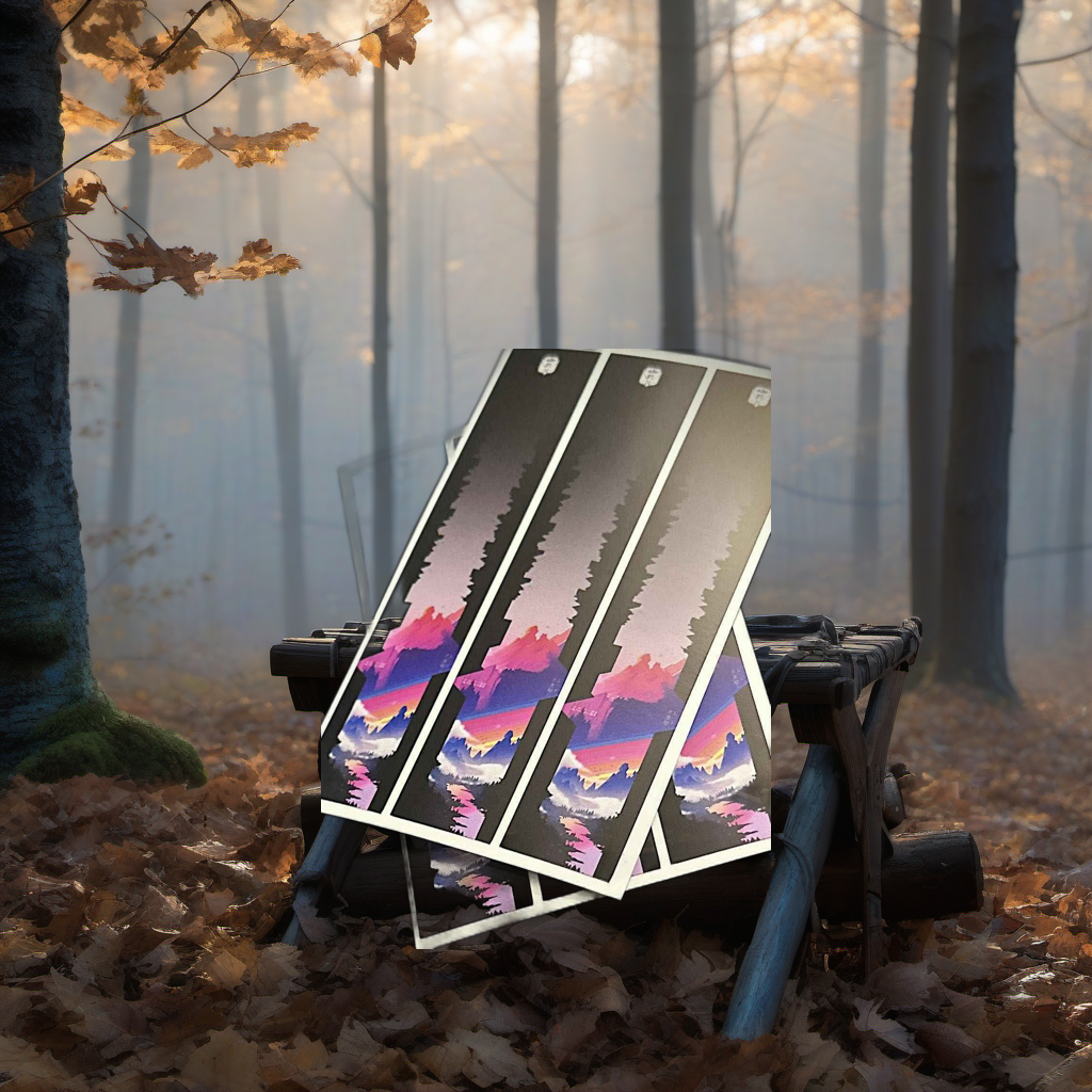 Geo Arrow Wraps on a wooden treestand overlooking a misty Midwest hardwood forest at dawn. | titlex-scene-whitetail-treestand