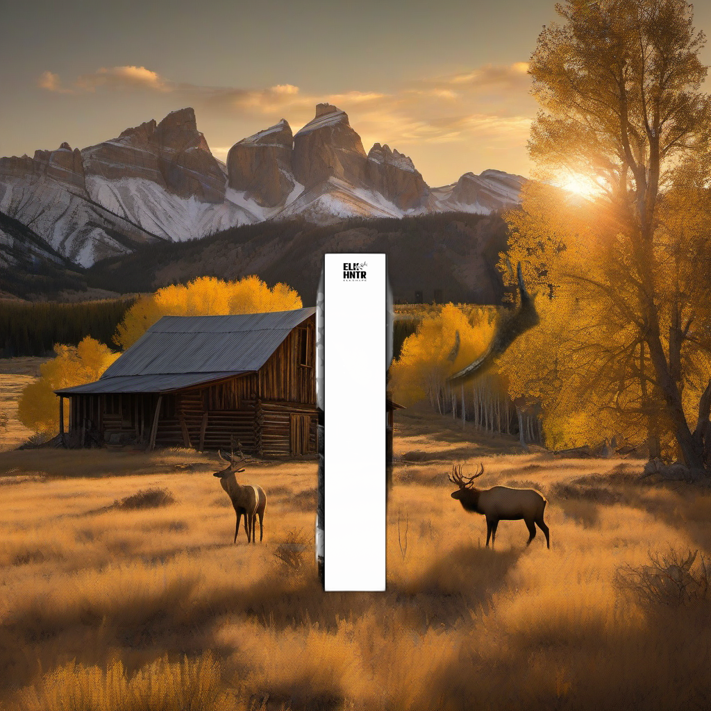 Elkshape white arrow wraps on weathered wood, set against a golden aspen sunset in the mountains. | titlex-scene-western-elk