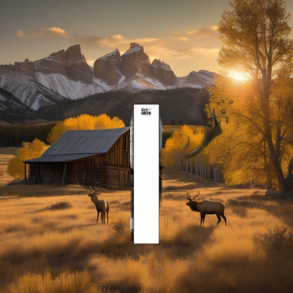 Elkshape white arrow wraps on weathered wood, set against a golden aspen sunset in the mountains. | titlex-scene-western-elk