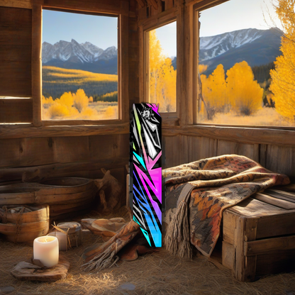 Comic Pop Arrow Wrap on weathered wood in a sunset elk hunting scene, crisp alpine air feel. | titlex-scene-western-elk