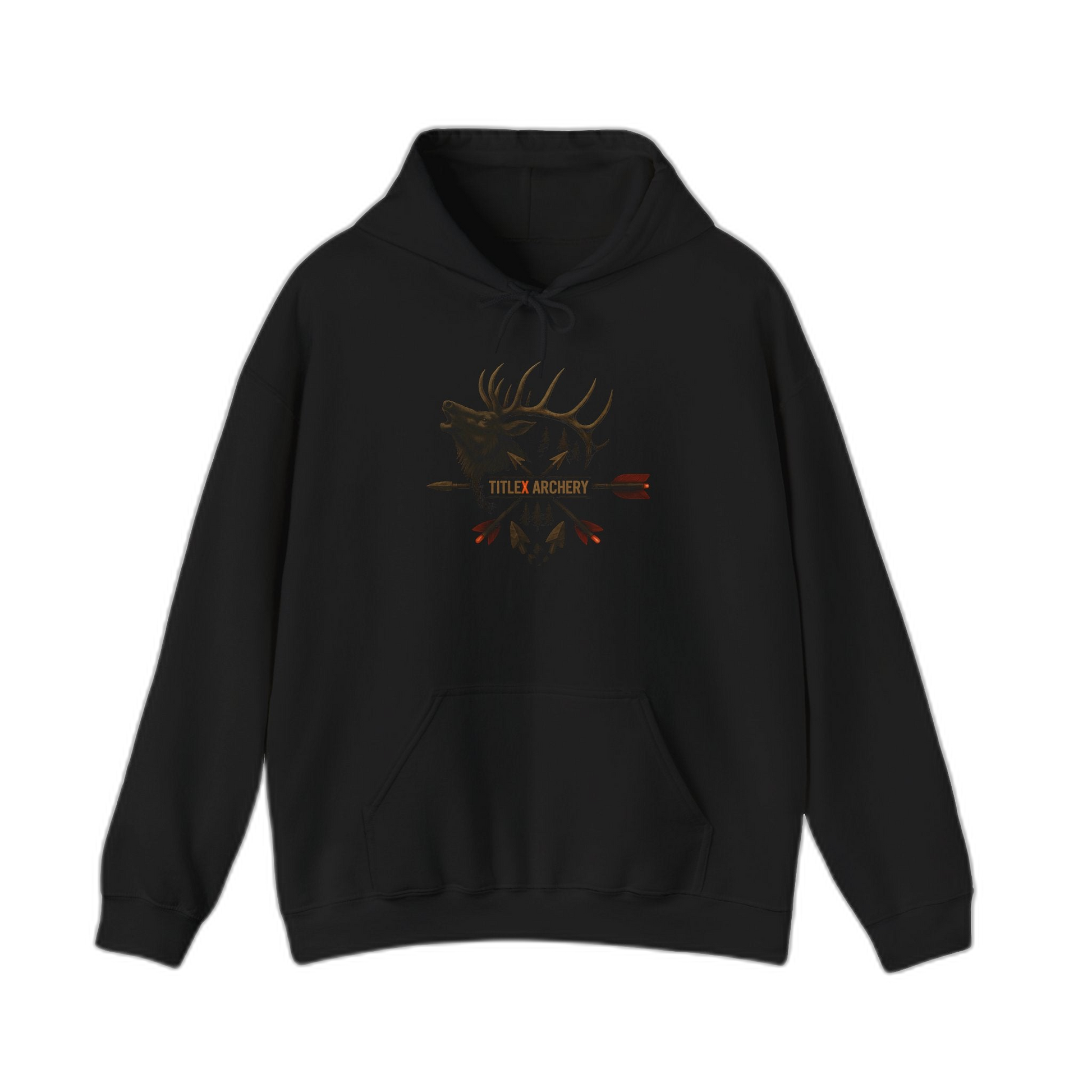 Black pullover hoodie featuring a gold bull elk head graphic and "TITLEX ARCHERY" text. | titlex-cutout