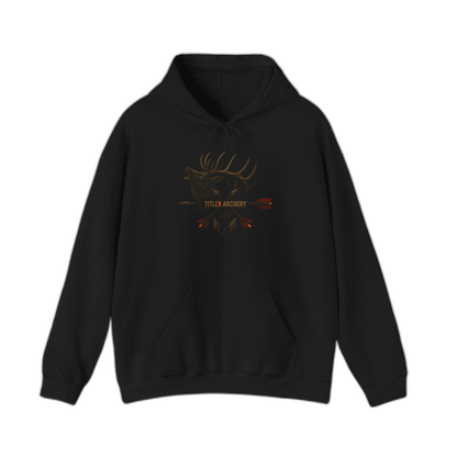 Black pullover hoodie featuring a gold bull elk head graphic and "TITLEX ARCHERY" text. | titlex-cutout